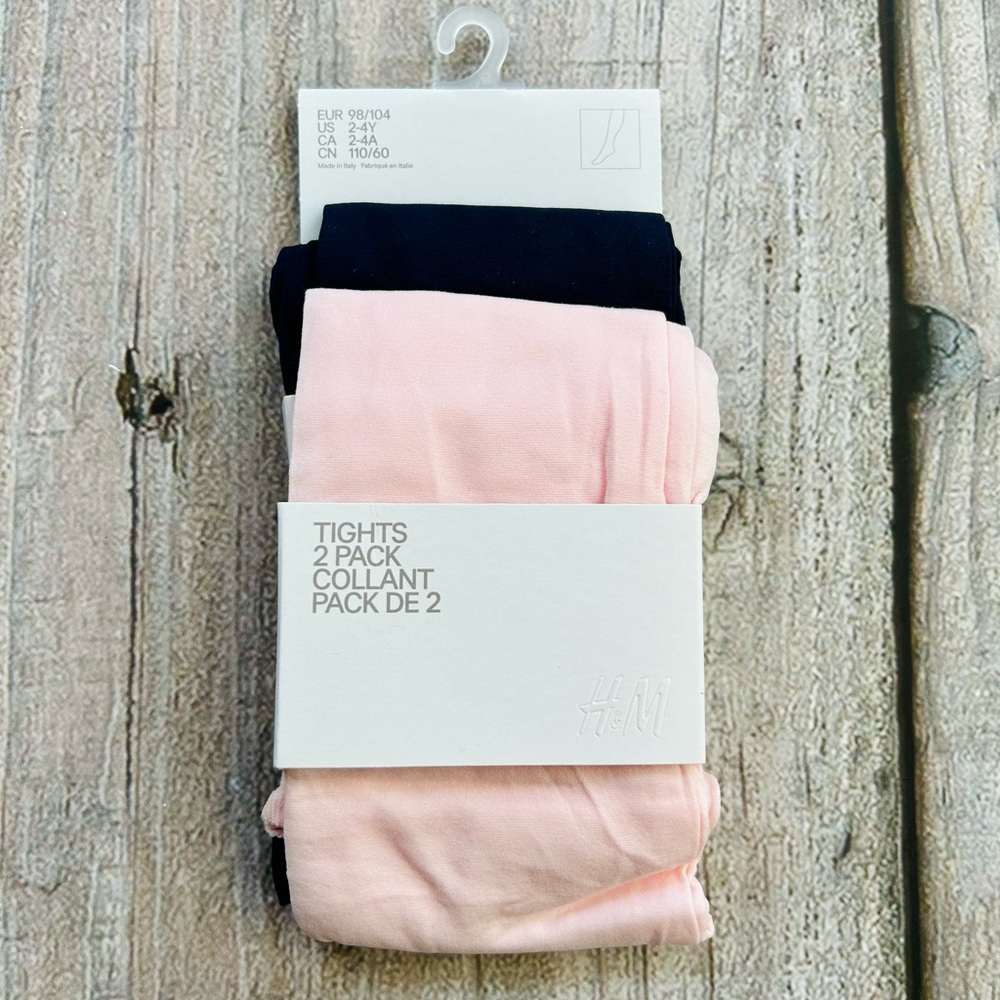 H&M size 2-4yrs Girls 2-Pack Soft Stretchy Tights, Light Dusty Pink & Navy, NWT